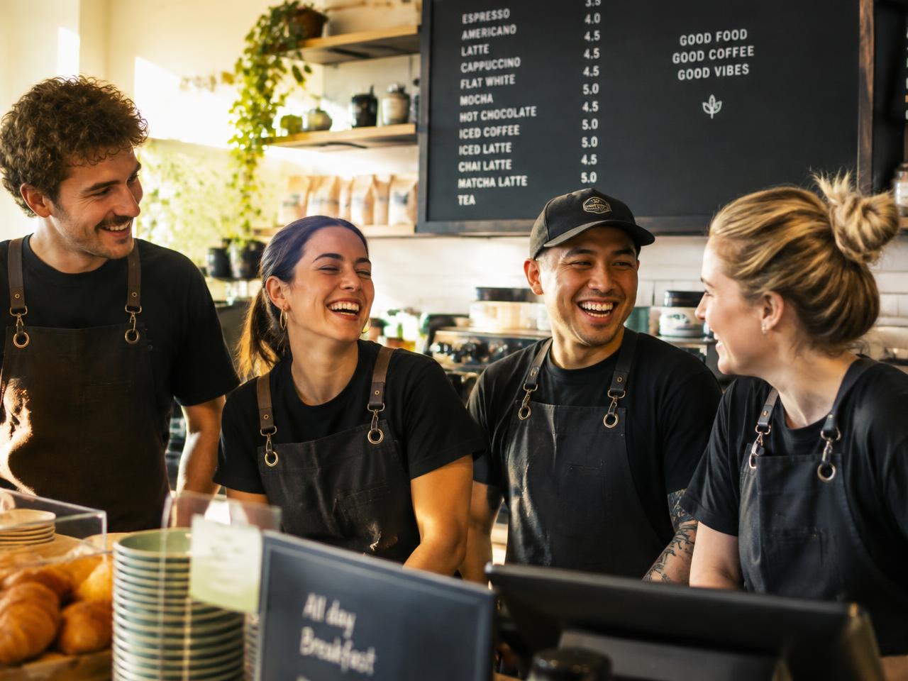 Hospitality team laughing together behind the counter