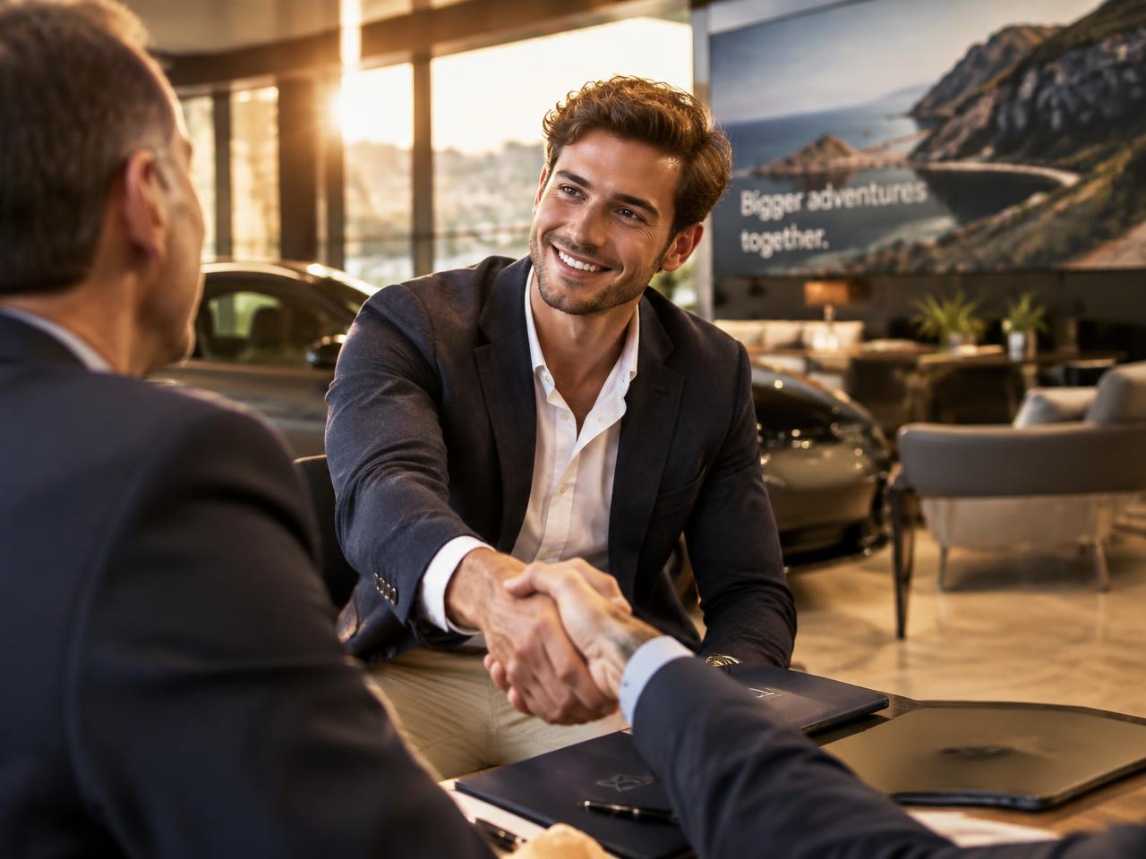 Salesperson closing a high-value deal with a handshake