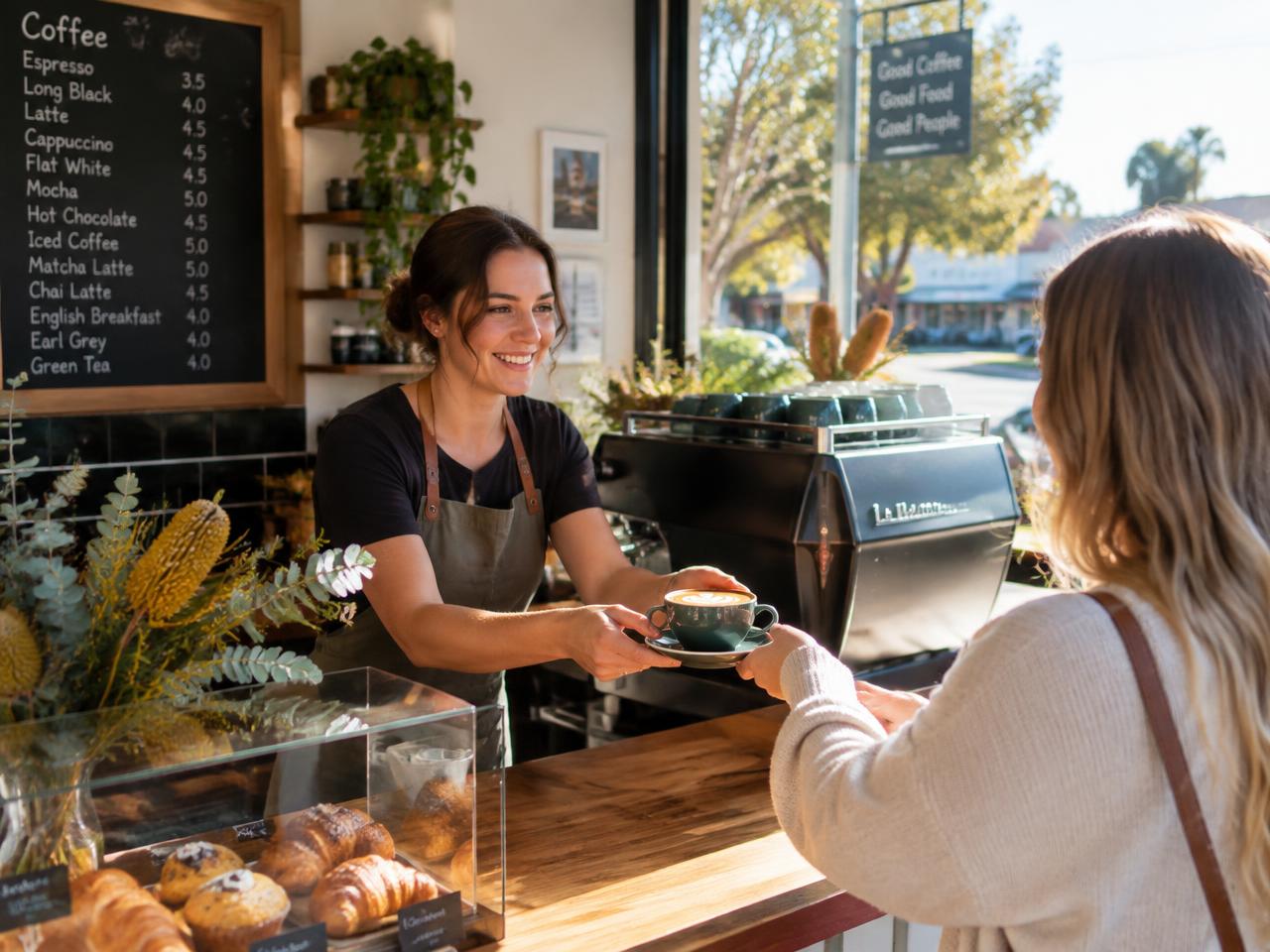 Barista serving a customer at a sunny suburban shopfront